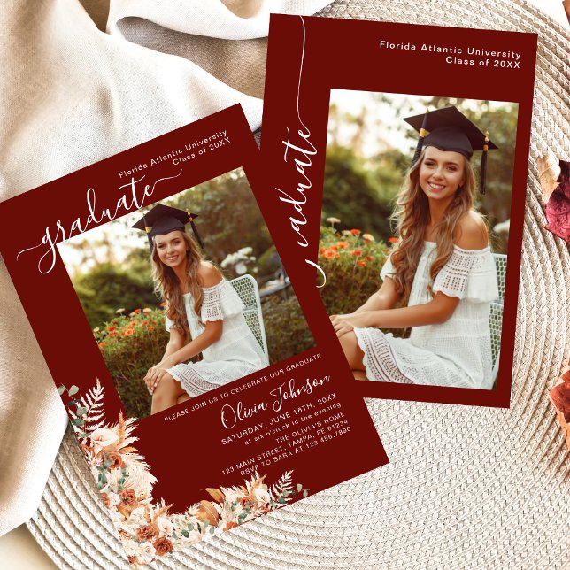 Burgundy Boho Floral Photo Graduation Announcement (Creator Uploaded)