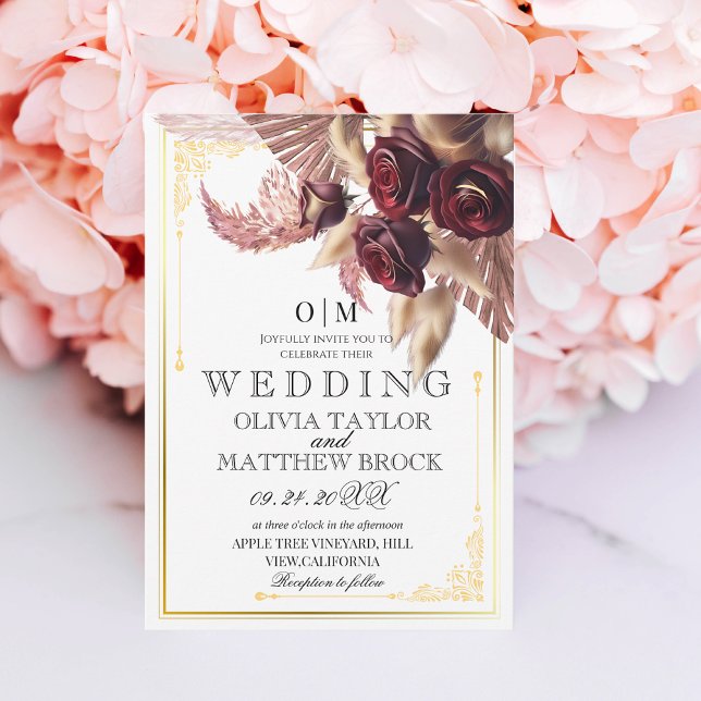 Burgundy Boho Floral red roses  pampas Wedding Invitation (Creator Uploaded)