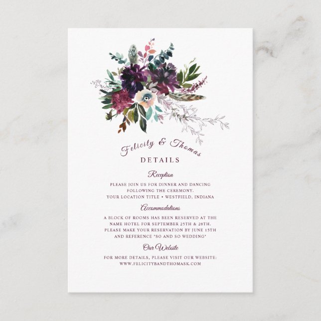 Burgundy Boho Floral Wedding Bouquet Details Enclosure Card (Front)