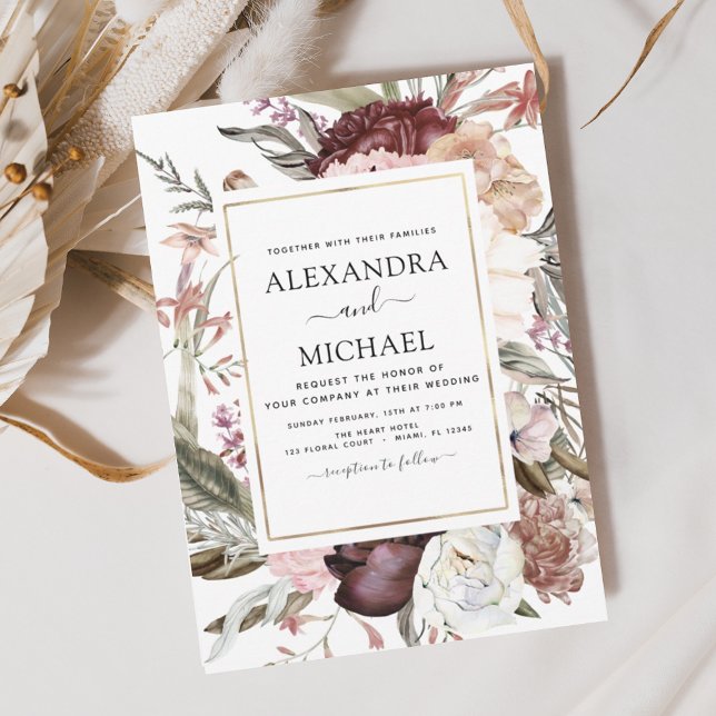 Burgundy Boho Floral Wedding Invitation (Creator Uploaded)