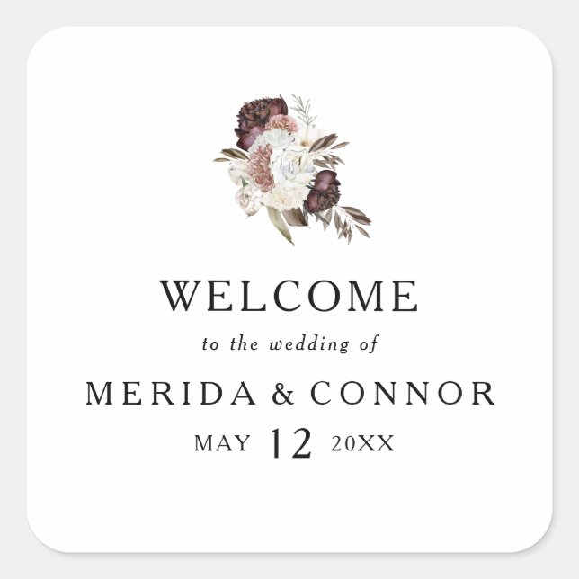 Burgundy Boho Floral Wedding Welcome Square Sticker (Front)