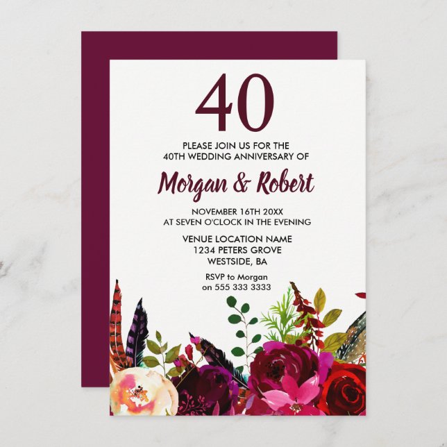 Burgundy Boho Flowers 40th Wedding Anniversary Invitation (Front/Back)