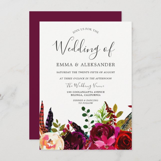 Burgundy Boho Flowers Fall Autumn Wedding Invitation (Front/Back)