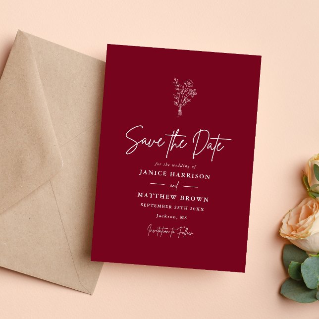 Burgundy Boho Minimalist Botanicals Wedding Save The Date (Burgundy boho botanical save the date adds warm elegance and sets a romantic tone for your wedding.)