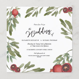 Burgundy Boho Pomegranate  Leaves Modern Botanical Invitation