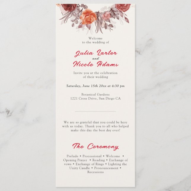 Burgundy Boho Rose Floral Pampas Grass Wedding Program (Front)