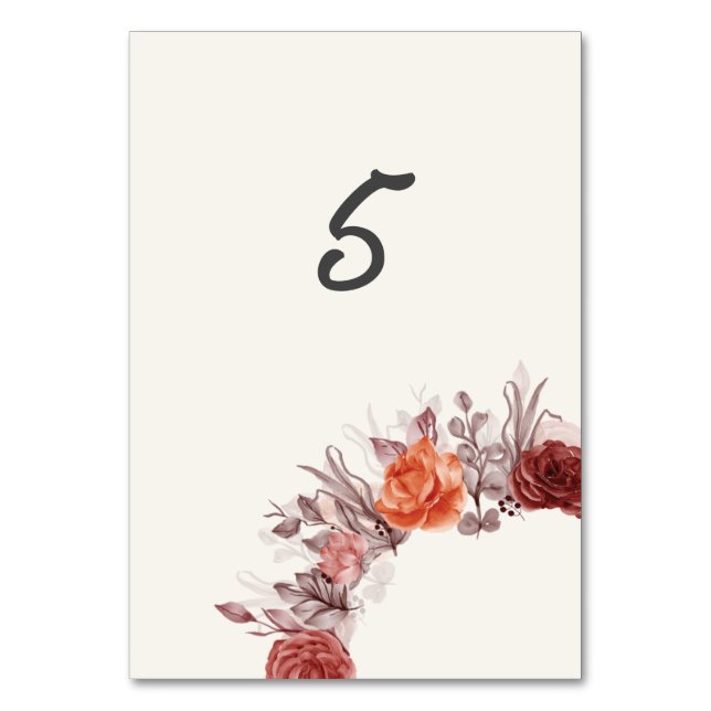 Burgundy Boho Rose Floral Pampas Grass Wedding Table Number (Front)