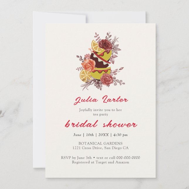 Burgundy Boho Rose Pampas Lemon Tea Bridal Shower Invitation (Front)