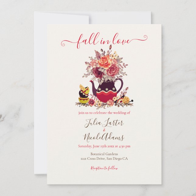 Burgundy Boho Rose Pampas Lemon Tea Wedding Invitation (Front)