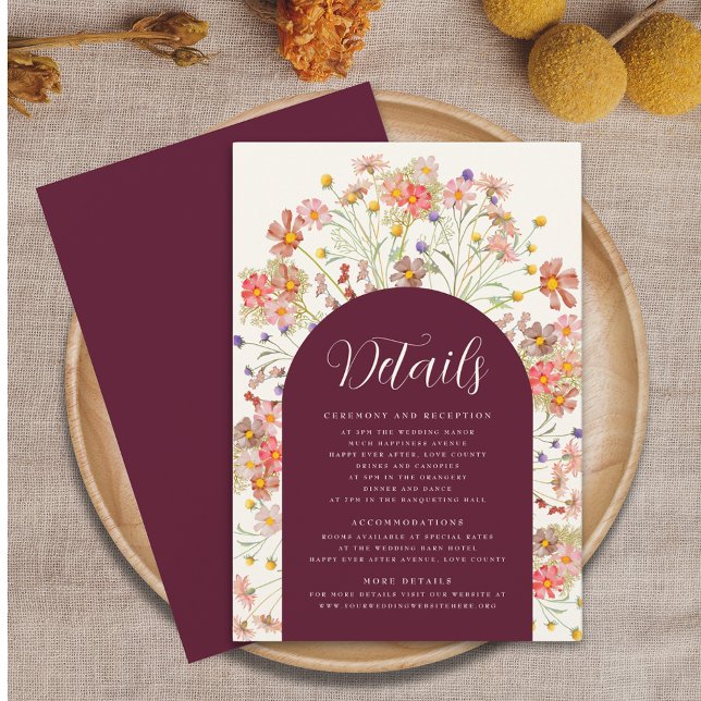 Burgundy Boho Rustic Floral Arch Wedding Details Enclosure Card (Burgundy and ivory cream boho fall rustic floral arch wedding details enclosure card Watercolor )