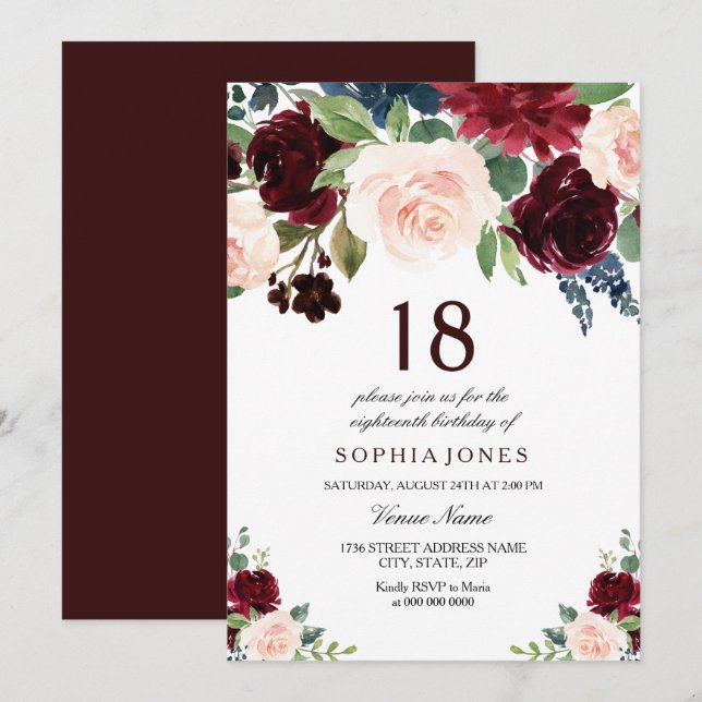 Burgundy Boho Watercolor Blush 18th Birthday Party Invitation (Front/Back)