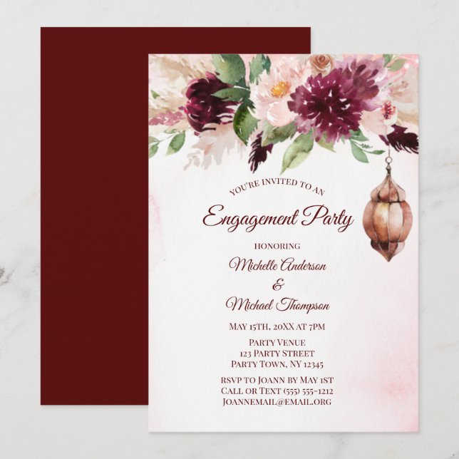 Burgundy Boho Watercolor Floral Engagement Party Invitation (Front/Back)