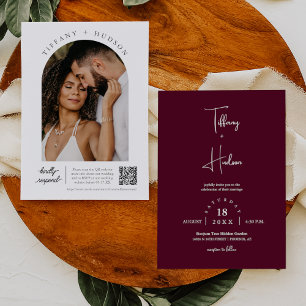 Burgundy Boho Wedding Arch Photo QR Code RSVP Invitation
