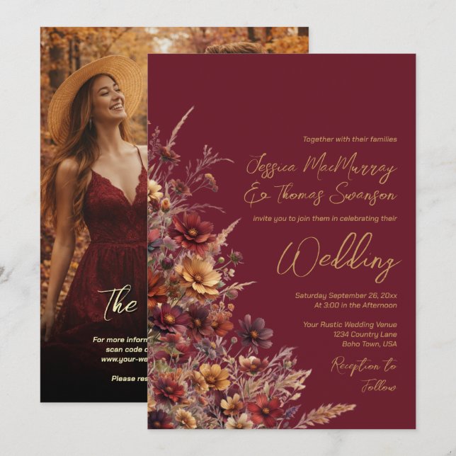 Burgundy Boho Wildflowers & Photo QR Code Wedding Invitation (Front/Back)