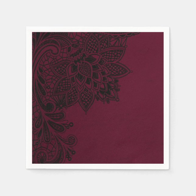 Burgundy Bordeaux Black Vintage Lace Wedding Napkin (Front)