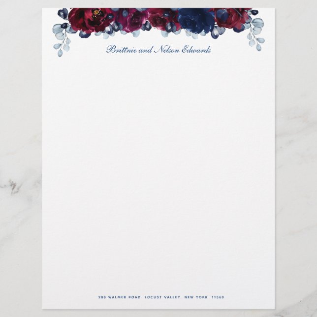 Burgundy Bordeaux Sapphire Peony Floral 2 Letterhead (Front)
