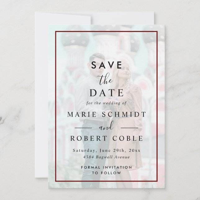  Burgundy Border Faux Vellum Effect Photo Wedding  Invitation (Front)