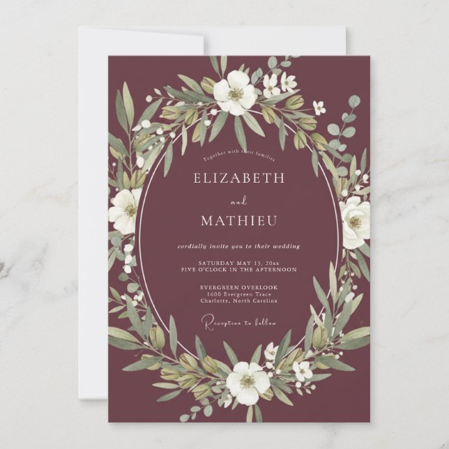 Burgundy Botanical Arch Wedding Invitation (Front)