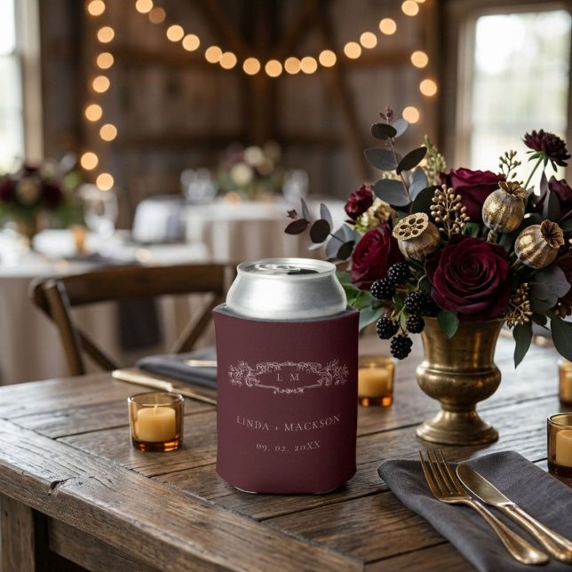 Burgundy botanical crest monogram wedding can cooler (Creator Uploaded)