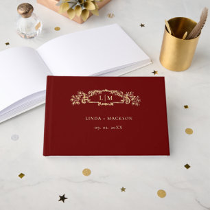 Burgundy botanical crest monogram wedding guest book