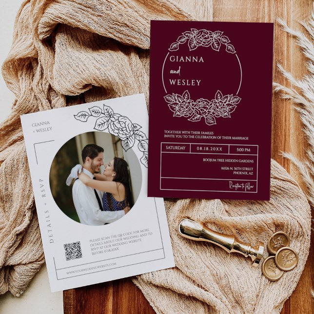 Burgundy Botanical Line Art Boho QR Code Photo  Invitation (Creator Uploaded)