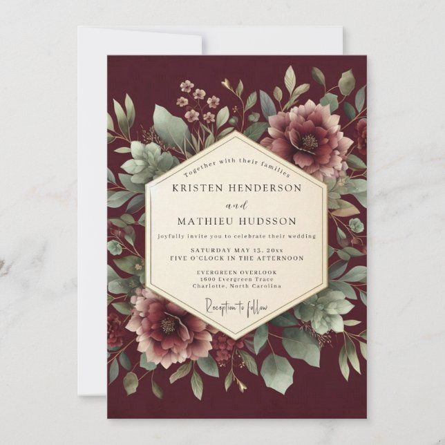 Burgundy Botanical Nocturne Wedding Invitation (Front)