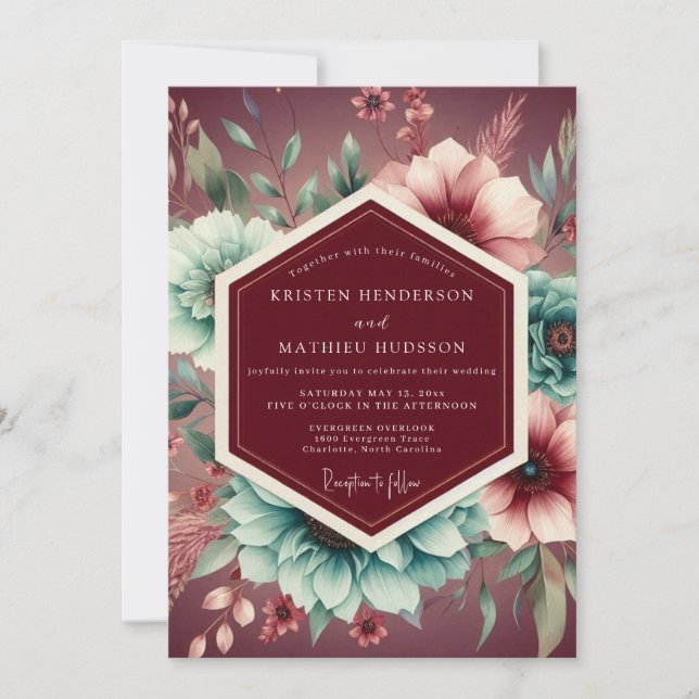 Burgundy Botanical Romance Wedding Invitation (Front)