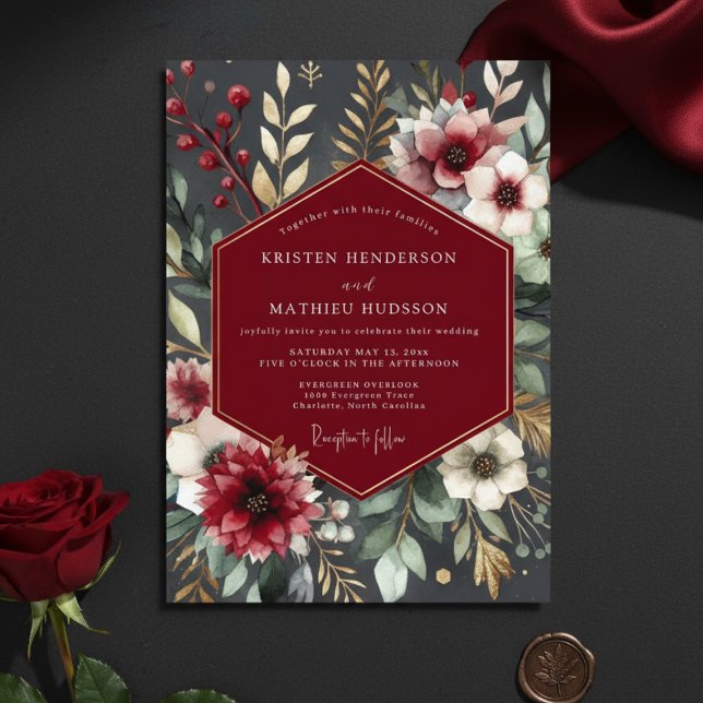 Burgundy Botanical Romantic Wedding Invitation (Creator Uploaded)