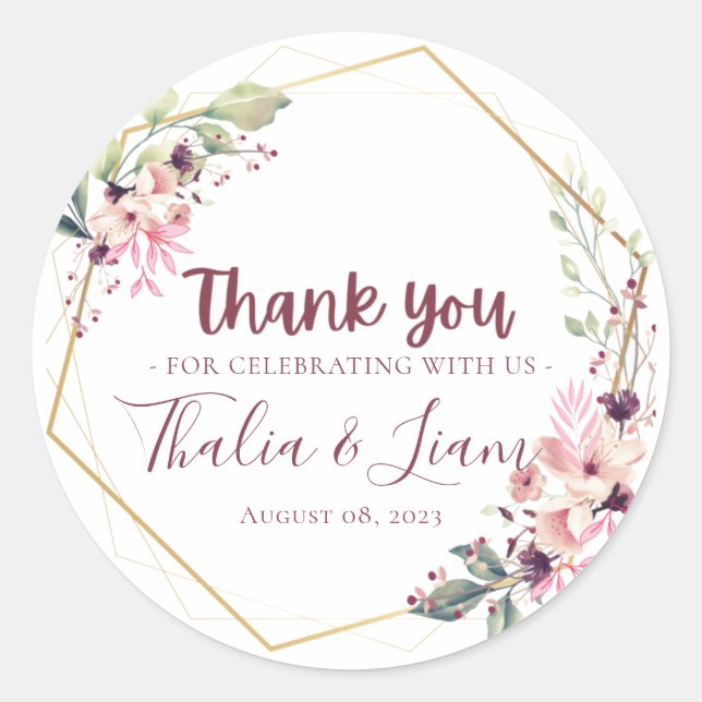 Burgundy Botanical Wedding Favour Classic Round Sticker (Front)
