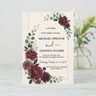 Burgundy Botanical Wedding Script Elegant Rose Invitation