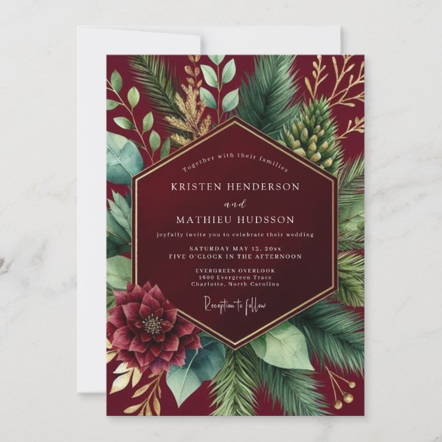 Burgundy Botanical Winter Wedding Invitation (Front)