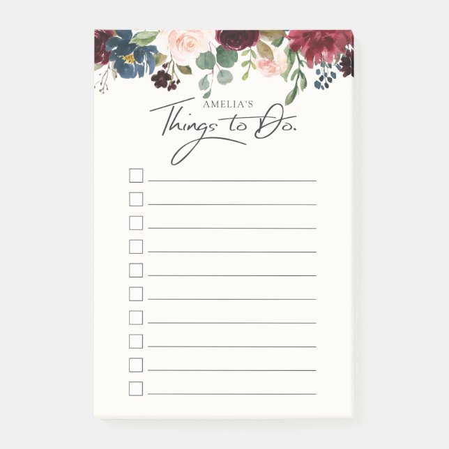 Burgundy Bouquet | Personalized Things to Do List Post-it Notes (Front)