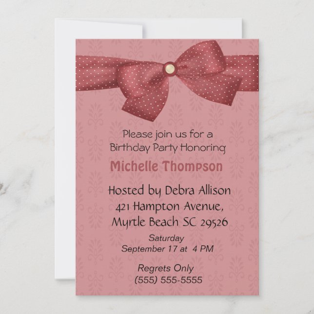 Burgundy  Bow Birthday Invitation (Front)