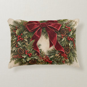 Burgundy Bow Christmas Wreath Accent Pillow