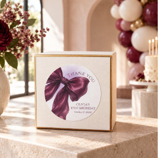 Burgundy Bow coquette Birthday Thank you Favour  Classic Round Sticker