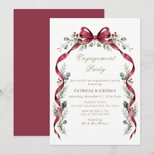 Burgundy Bow Garland Christmas Engagement Party Invitation