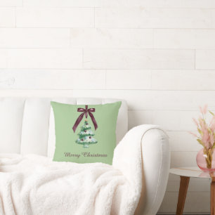 Burgundy Bow Green Christmas Tree Throw Pillow