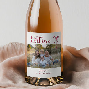 Burgundy Bow Happy Holidays Photo Wine Label