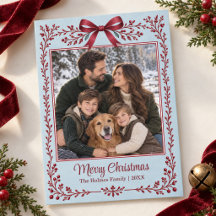 Burgundy Bow Ice Blue Vintage Christmas Photo Card