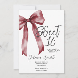 Burgundy Bow Sweet Sixteen Girl Birthday Party Invitation