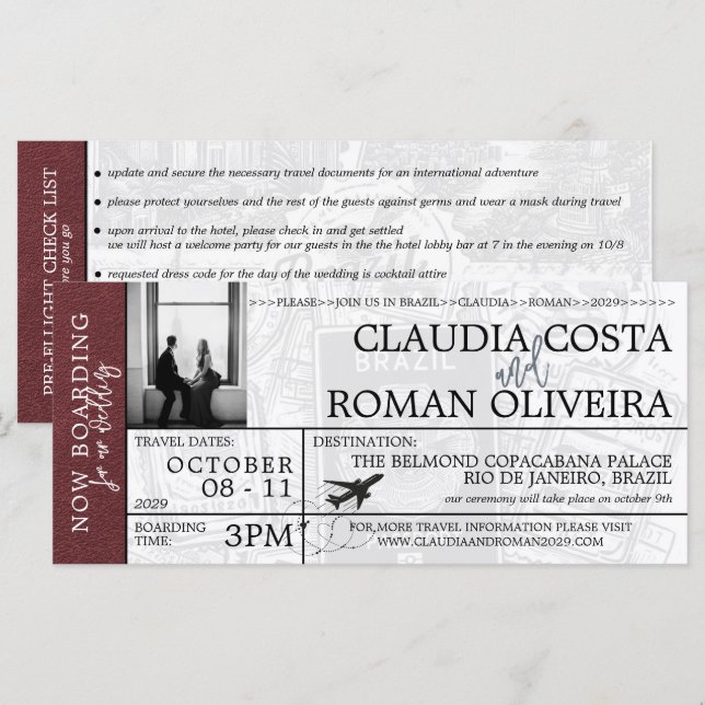 Burgundy Brazil Wedding Boarding Pass Invitation (Front/Back)