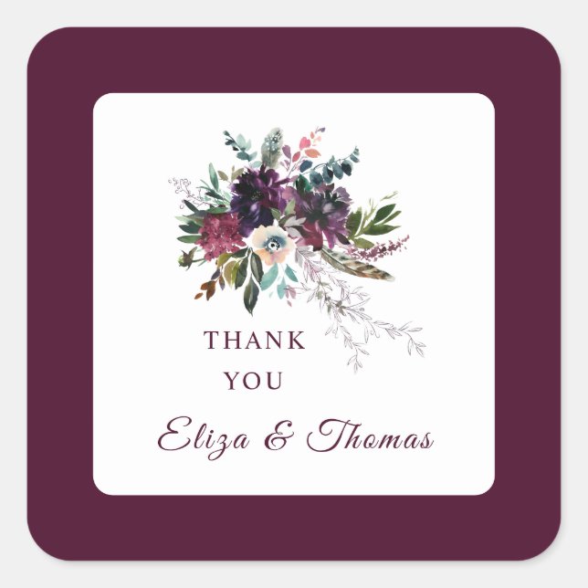 Burgundy Bridal Bouquet Wedding Thank You Square Sticker (Front)