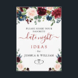 Burgundy Bridal Shower Date Night Idea Advice Card<br><div class="desc">Burgundy Navy Blue Blush Floral Bridal Shower Date Night Idea Advice Card.</div>