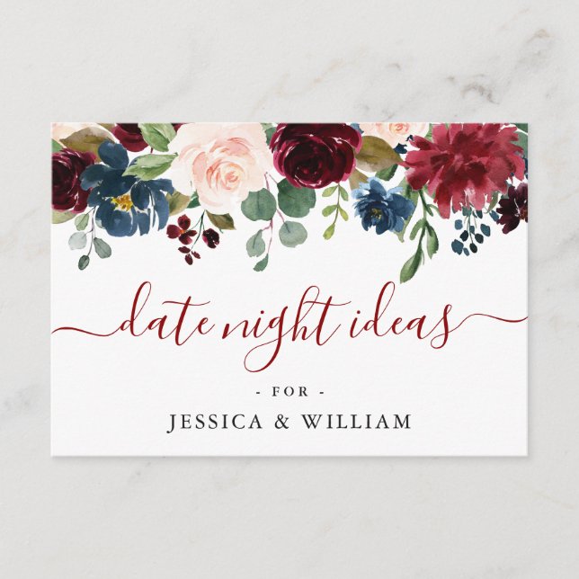 Burgundy Bridal Shower Date Night Idea Advice Card (Front)