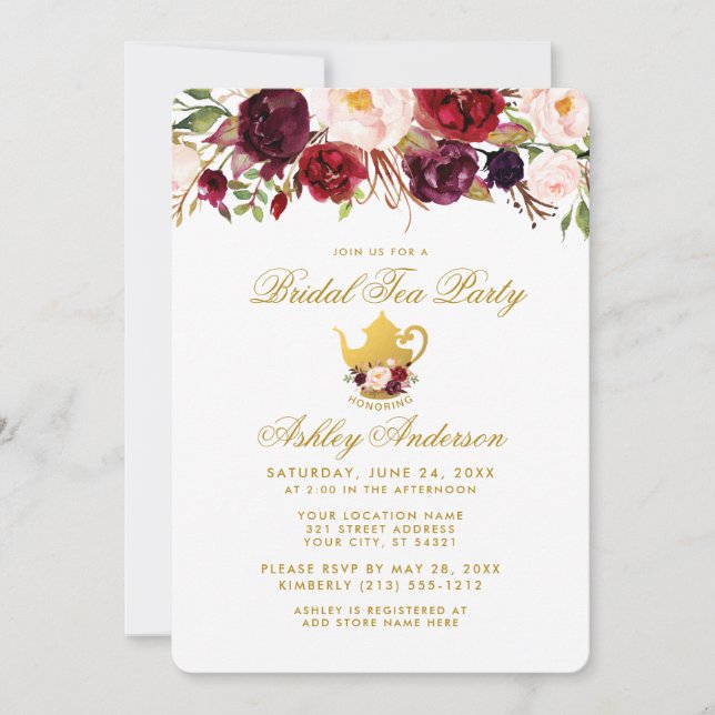 Burgundy Bridal Shower Tea Party Gold Invite RW (Front)
