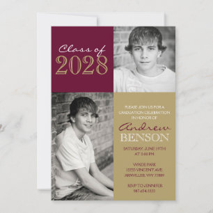 Burgundy & Bronze Gold Classic 2 Photo Graduation Invitation