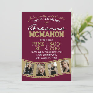 Burgundy Bronze Gold Filmstrip 5 Photo Graduation Invitation