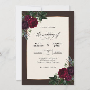 Burgundy Brown Bouquet Eucalyptus Wedding Invitation