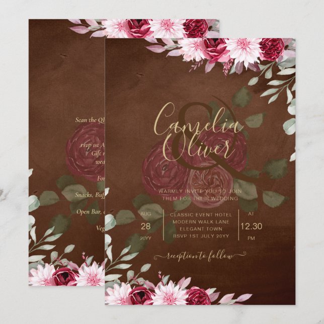Burgundy Brown Floral Winter Fall Wedding Invite (Front/Back)