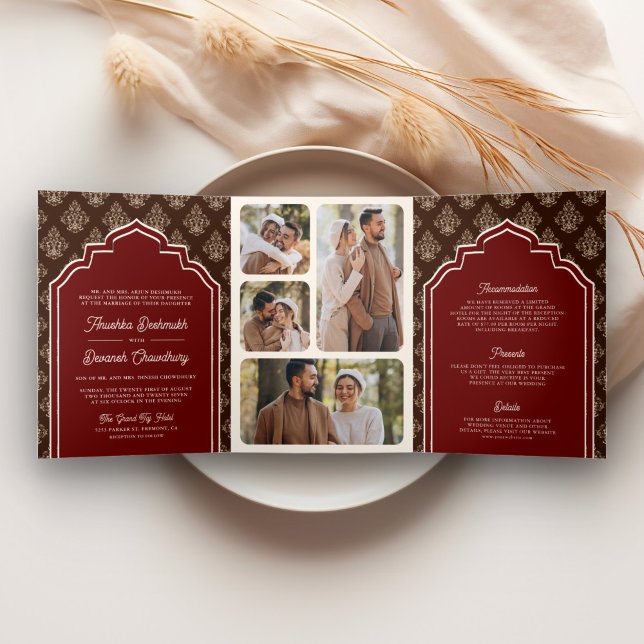 Burgundy Brown Ikat Photo Collage Indian Wedding Tri-Fold Invitation (Creator Uploaded)